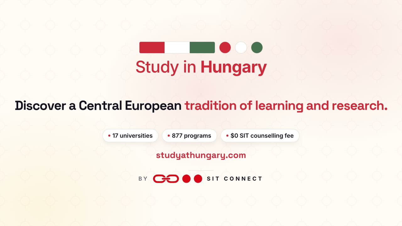 Promotional video about studying in Hungary: a student pass stamped admitted, six application steps completed one by one, and student cities in Hungary.